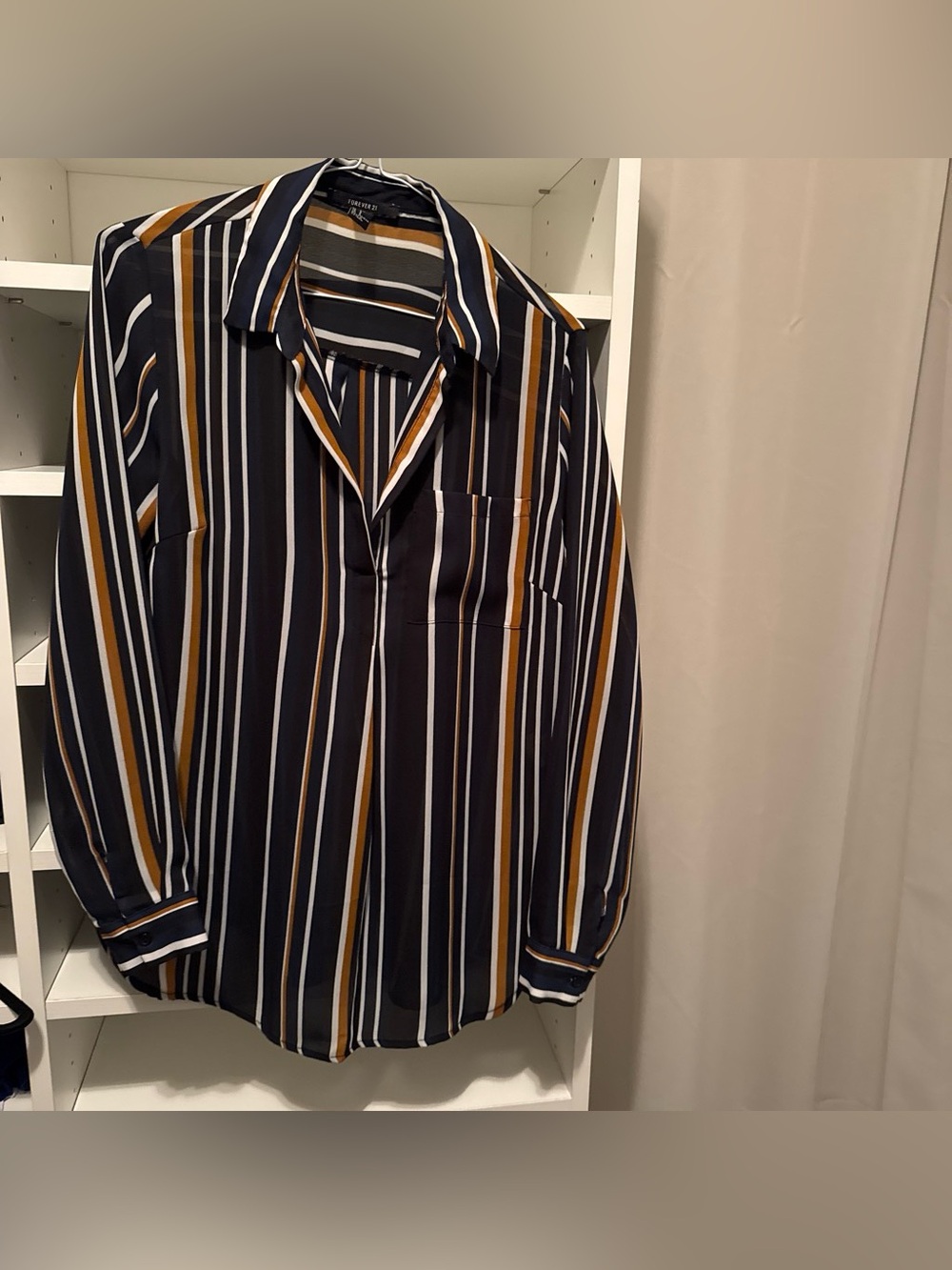 Forever 21 Navy, White & Mustard Vertical Stripe Button-Down
